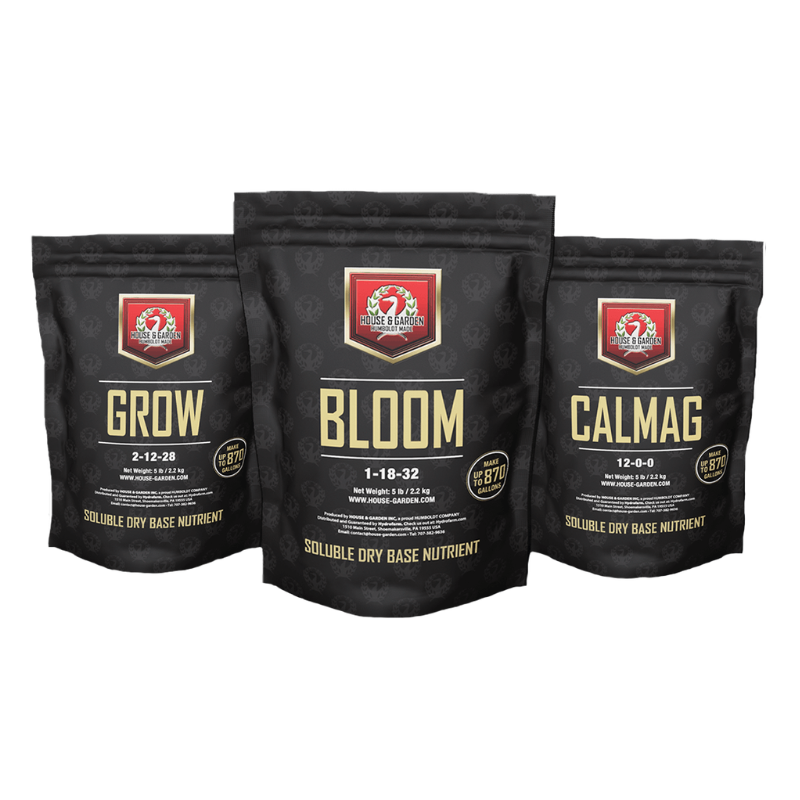 Kit de fertilizantes en polvo House and Garden Dry Nutrient Grow Bloom y Cal-Mag para cultivo profesional.
