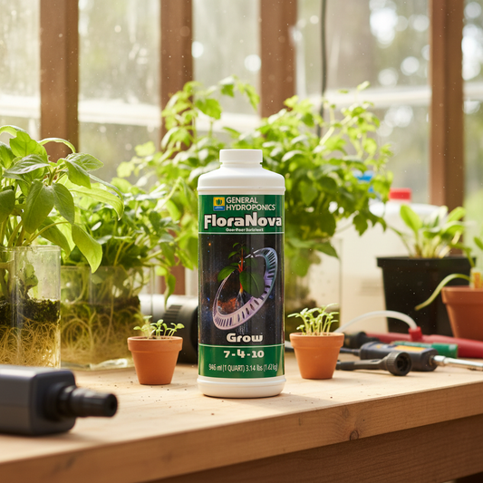 FloraNova Grow en mesa de trabajo de invernadero casero