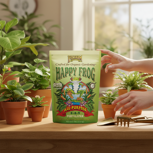 FoxFarm Happy Frog en mesa de jardín interior con plantas