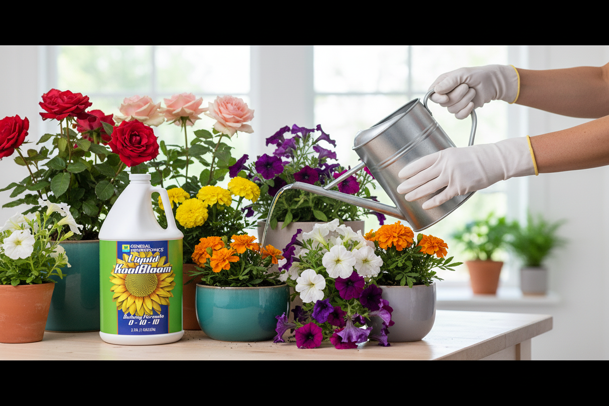 Jardinero con Liquid KoolBloom 1gal en jardín de flores
