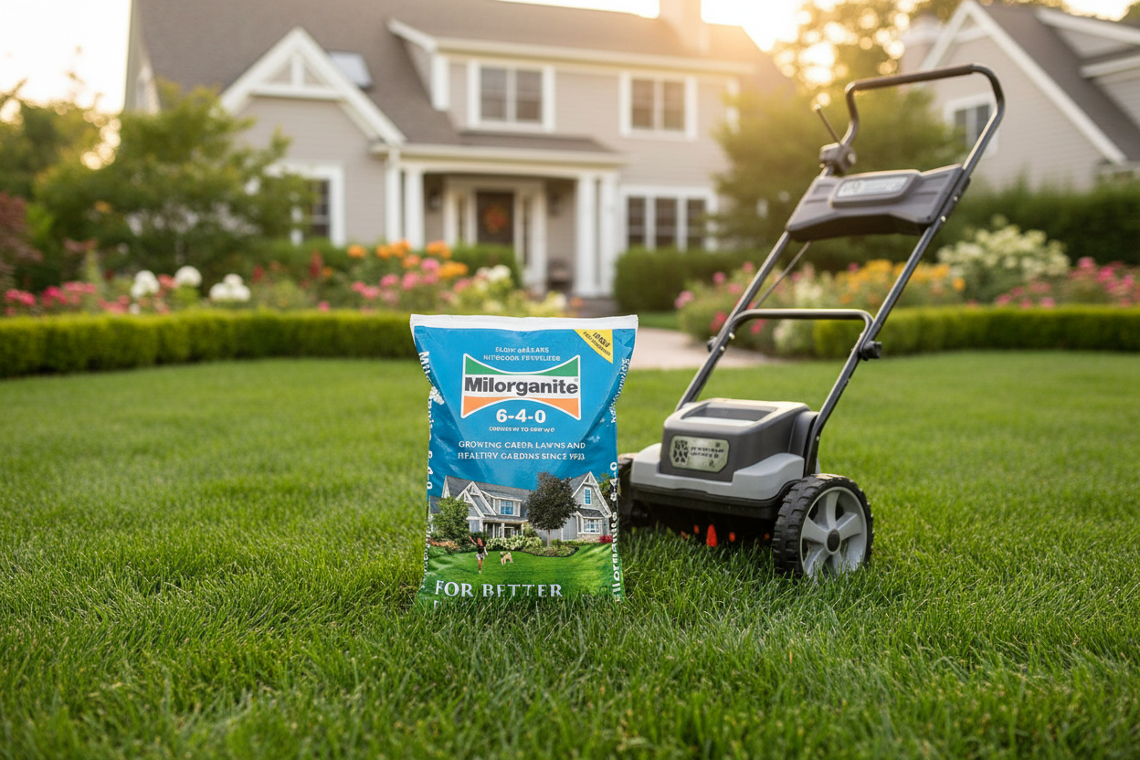 Milorganite en césped verde profesional