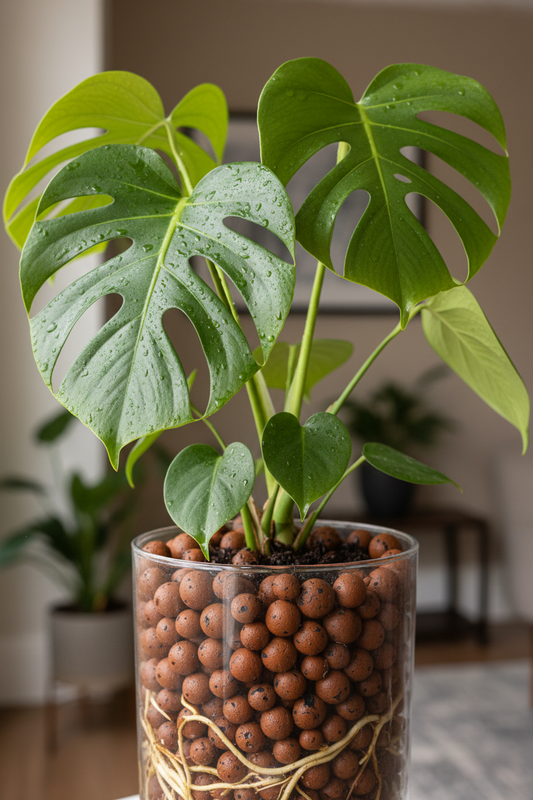Monstera hojas grandes húmedas LECA raíces